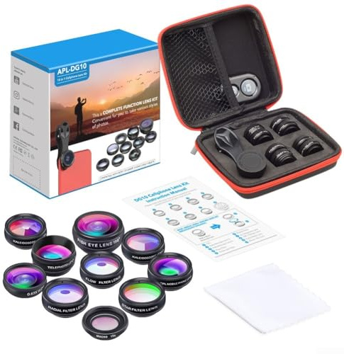 Obiettivo fotocamera smartphone 10 in 1 set con fisheye, grandangolo, macro 15x, CPL, caleidoscopio, flusso, radiale, filtri stella e teleobiettivo telescopio per effetti fotografici migliorati