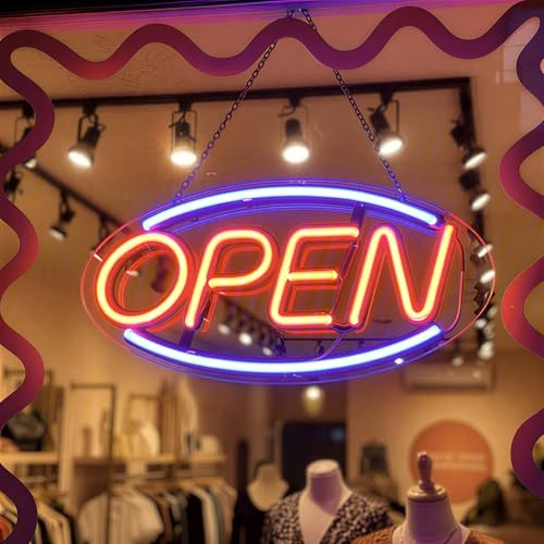 LED Open Sign for Shop、Bar、Salon Window、Door, Neon，small 13.8x5.9, Colorful Strip, USB Powered, Transparent Backboard, Hooks/Screws/Chain,Easy to hang