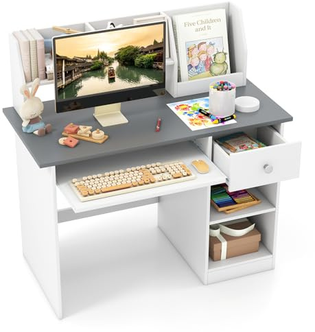 RELAX4LIFE Scrivania per Bambini, Tavolo da Studio in Legno con Pensile, Libreria, Vassoio per Tastiera, Cassetto e Scaffali Aperti, Postazione Computer per Studenti per Bambini da 3+ Anni (Grigio)