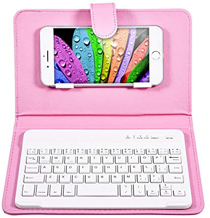 Topiky Universell trådlös Bluetooth-tangentbordstelefon, resor läderfodral med vibrerande magnetiskt läderfodral med stöd för iOS för Android 4,5 '' - 6,8 ''(Rosa)