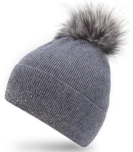 AnJuHoPa Gorro de lana cálido, gorro de punto, elegante adorno de cristal a juego, adecuado para damas nobles Melange volume_upcontent_copyshare Gray