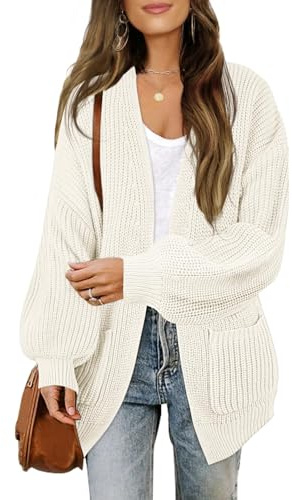 MEROKEETY Women's Chunky Cardigan Sweaters 2025 Lantern Long Sleeve Oversized Knit Outerwear with Pockets, Beige, M