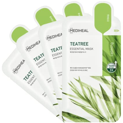 Mediheal Official Best Korean Sheet Mask - Tea Tree Essential Face Mask 4 Sheets Skin Soothing Treat Blemishes Sebum Control For All Skin Types