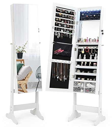 COSTWAY Armadietto Portagioie con Serratura e Specchio Senza Cornice Cassetti Acrilici, Specchio Interno per Trucco Vassoio per Rossetti, Specchio Illuminato a LED (Bianca)