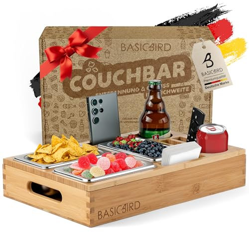 BASICBIRD® Couchbar Snackbox - Organizer Tablett- Snackspender mit 3X Snackschale - Holz Sofatablett für Sofa, Deko, Couch Bar mit Getränkehalter - Snackbox mit Fächern – Wohnmobilausstattung