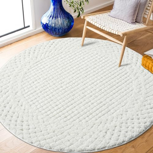 payé Teppich Rund - 200x200cm - Hochflor - Boho - Pastell Creme Grau - Einfarbig - Modern Raute Muster- Skandinavisch Flauschig Weich - Schlafzimmer Dekoration