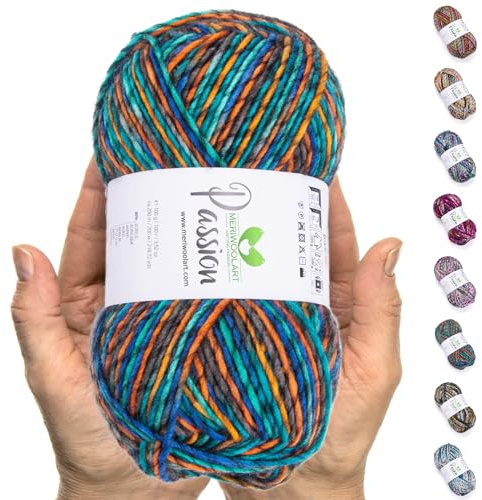 MeriWoolArt® XL-Merino Flerfärgat Garn - 200m Lyxigt Merinoullsgarn för Stickning och Virkning - Perfekt för Tröjor, Halsdukar och Kreativa Gåvor