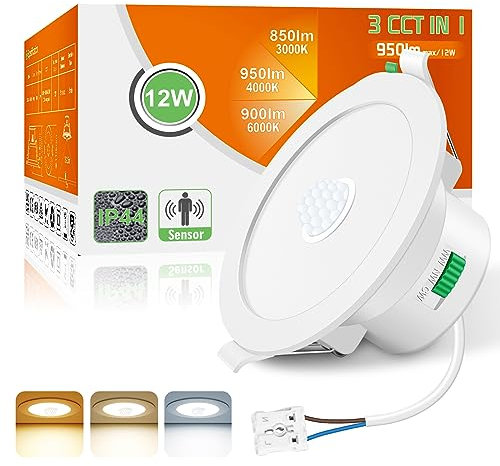ALUSSO LED Einbaustrahler 230V mit PIR Bewegungsmelder, LED Spots 12W 950LM IP44 Einbauleuchten Warmweiß 3000K Neutralweiß 4000K Kaltweiß 6500K Deckenspots Einbauspots Deckenstrahler, 1 Stück