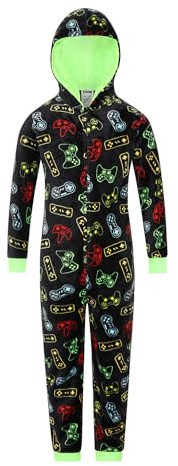 ThePyjamaFactory Pigiama da gioco in pile con controller per videogiochi per ragazzi, Nero , 13-14 Years