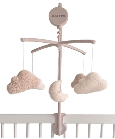 Nattou Móvil con Caja de música de Madera, Luna y Nubes, Suave Nana La-Le-Lu, Aprox. 65 cm, Osito, Beige/Blanco