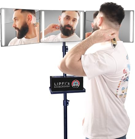 Espejo 360° con Trípode, Ganchos Ajustables y Bandeja: Espejo Portátil de 3 Vías con Cristal Verdadero, 4 Luces LED y Carga USB-C para Hombres y Mujeres – Corte de Pelo, Afeitado, Maquillaje