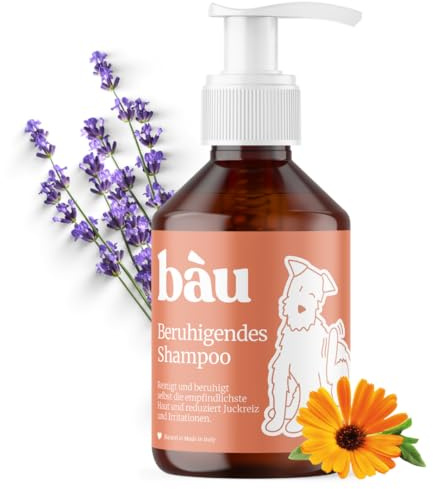 Bau Cosmesi Beruhigendes Shampoo für Hunde mit Allergien, Shampoo für juckende Hunde, Shampoo für Hunde, Dermatitis, hypoallergen, Linderung für empfindliche Haut mit Kamille, Ringelblume und Lavendel