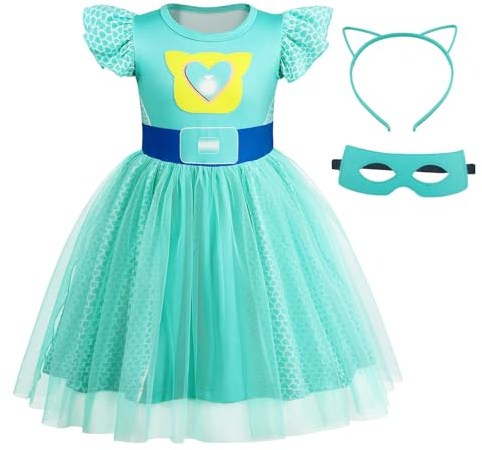 Marendyee Kitties Bitsy Costume d'Halloween à manches flottantes et ourlet en maille avec masque œil de chat et bandeaux, pour fête d'anniversaire, bleu, 9 à 10 ans