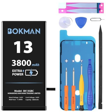 bokman Akku für iPhone 13, Hohe Kapazität 3800 mAh Lithium-Polymer-Akku mit Allen Werkzeugsets