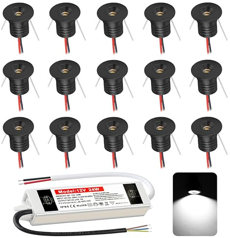 DYKUWEY LED infälld spotlight, 12 V, 1 W, mini LED-spotlight, IP65, kallvit, badrumsspot, hål Φ15–18 mm, takspotlights för kök, vardagsrum, carport, trappa, hall, 15 st (svart kallvit 6000K)