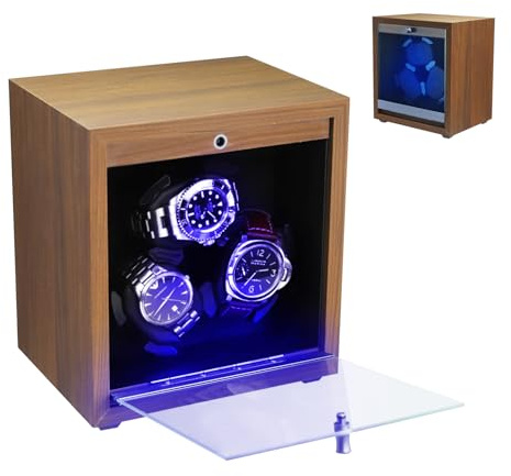 Caja Giratoria para Relojes Automáticos, Caja Giratoria con 3 Relojes Automáticos | 4 Modos de Rotación | Luz LED Azul | Almohadilla de Espuma | Vitrina de Madera, Función de Parada con Tapa Abierta