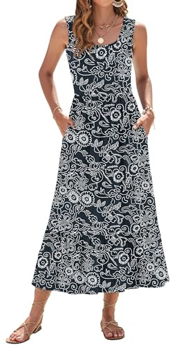 WNEEDU Robe Longue d'été pour Femme sans Manches à Taille Empire Robes de Plage à col en U aérée avec Poches Encre Rhyme Floral M