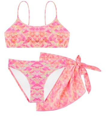 Conjunto Bikini Niña 3 Piezas con Falda Sarong, Bañador Dos Piezas con Tirantes Ajustables, Ropa de Playa y Piscina para Niñas de 4–12 Años (6-8 Years, LA719-Pink Peach)