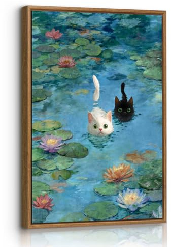 FajerminArt Drôle Chat dans Nénuphar Tableau Decoration Murale Avec Cadre Monet Célèbre Floral Impression Sur Toile Vintage Humoristique Animal Affiche Peinture Decor Maison pour Salon Chambre 30X40cm