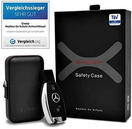 EXEEP® Keyless Go Schutz Autoschlüssel - TÜV geprüft - Zuverlässige Funkschlüssel Abschirmung - RFID Blocker Schlüsseletui Echt-Leder - Auto Diebstahlschutz Box - Designed in Germany - Schwarz