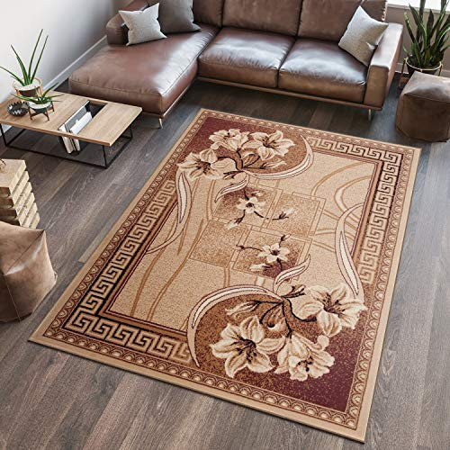 TAPISO Atlas Teppich Kurzflor Blumen Geometrisch Griechisch Streifen Muster Beige Braun Wohnzimmer Schlafzimmer Vintage Modern ÖKOTEX 300 x 400 cm