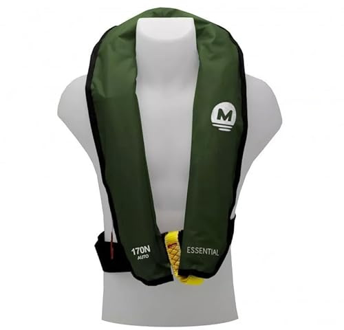 Chaleco de rescate inflable automático 170 N esencial – sin arnés – Seguridad marina ISO 12402-3 – Flotabilidad 170 N – Negro – Silbato de señalización & D-Ring – Naranja Marina (Verde)