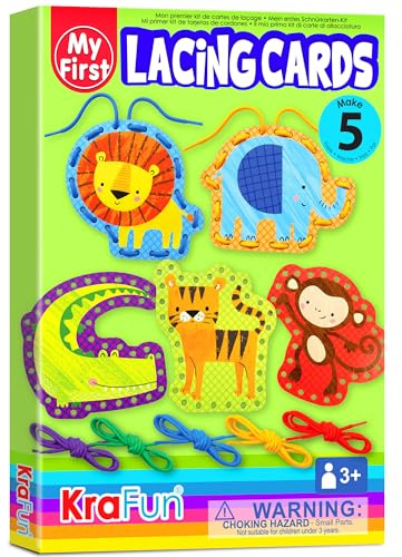 KRAFUN Safari-Tier-Schnürkarten-Set für Kinder ab 3 Jahren, 5 Anfänger-Projekte mit Löwe, Affe, Elefant, Tiger, Krokodil, Anleitung, Feinmotorik-Spielzeug