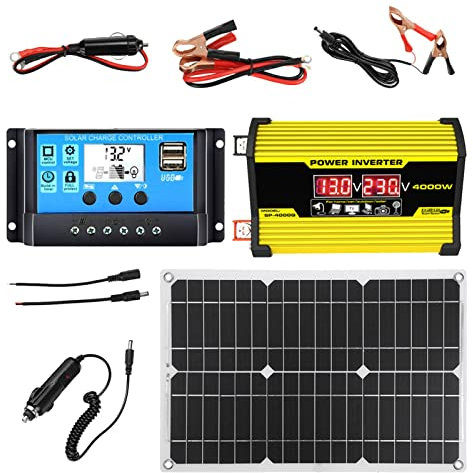 Yusheng Kit de energía Solar - 300W Convertidor Inversor 18W Panel Solar Completo | DC12V a AC110/220V 30A Controlador Solar con Puertos USB y Pantalla LED