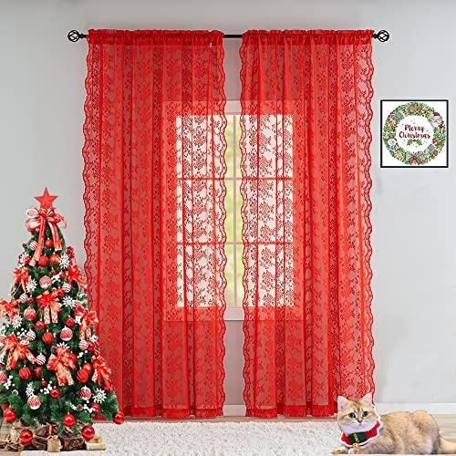 YJ YANJUN Tende trasparenti rosse lunghe 244 cm, per soggiorno, set di 2 pannelli, bellissime tende in pizzo natalizio con fiori per Natale, San Valentino, decorazione per finestra, 132 x 243 cm,