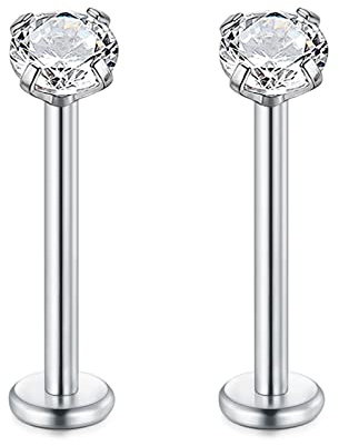 Rajnard 16G de Acero quirúrgico del Labio Piercing Stud Plata 6mm de Longitud cartílago Tragus Helix Pendientes Piercing Labret con circón Hilo Interno Piercing Joyería para Mujeres Hombres