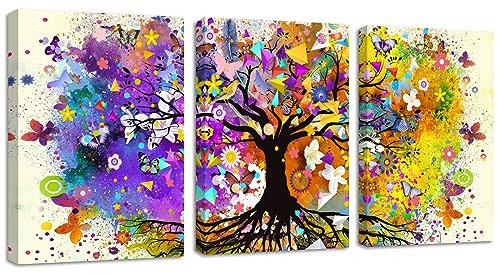 3 Teilig Leinwandbilder Bilder mit Rahmen Bunter Baum des Lebens bild auf leinwand Wandkunst Modern Wandbilder Kunstdruck Deko für Wohnzimmer Schlafzimmer fertig zum Aufhängen 90x40cm(30x40x3)