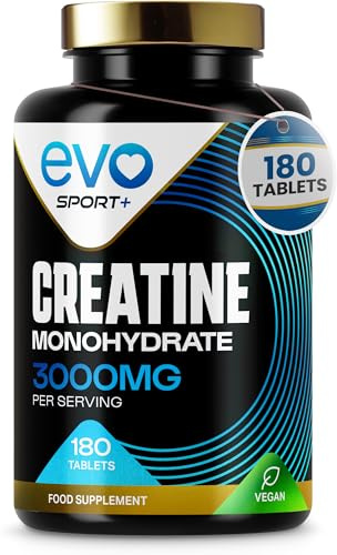 EVO NUTRITION Creatine Monohydrate Tablets 3000mg - 180 Creatine Tablets | Unflavoured Gym Supplement & Powder Alternative for Men & Women | Muscle Mass & Exercise Recovery | Vegan, Keto & Made in UK