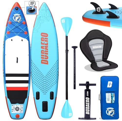 Stand up paddle gonfiabile, sedile per kayak e supporto per fotocamera, pagaia 2 in 1, 330 x 76 x 15 cm, fino a 150 kg, pompa con cinghia da piede, zaino, blu scuro