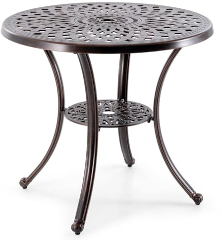 COSTWAY Garden Dining Table, Cast Aluminum Patio Bistro Table with Umbrella Hole, All-Weather Outdoor Conversation Side Table for Balcony Backyard Poolside, Antique Bronze (Round-79 x 79cm,with Shelf)