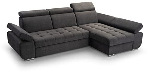 FurniShop24 Ecksofa mit Schlaffunktion und Bettkasten - Eckcouch L-Form mit Bewegliche Kopfstützen, Klappsofa - Schlafcouch zum Wohnzimmer, Modern Design Schlafsofa Bianco: Dunkelgrau, Ecksofa Rechts