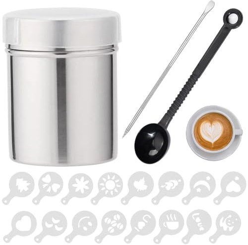 Coffee Sprinkles Powder Set, Chocolate Shaker with Lid, with 16 Coffee Stencils, Coffee Art Pull Pin, Measuring Spoon for Drink Baking Cooking Cappuccino Coffee Latte