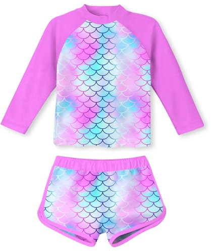 ALISISTER Traje de baño de 2 Piezas para niñas, Traje de baño de Manga Larga para 7-8 años, protección Solar UPF 50+, Vestido de baño de Verano para Playa, Sirena, Morado