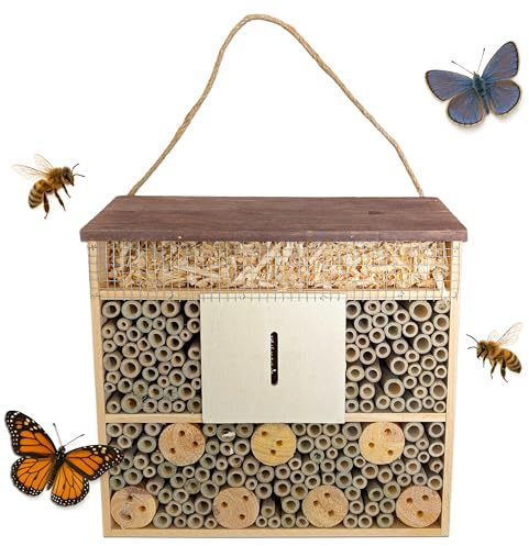 Large Hanging Insect House – Bee & Butterfly Hotel with Bamboo, Drilled Wood & Shavings – Pollinator Nesting Box – Bug Shelter for Gardens