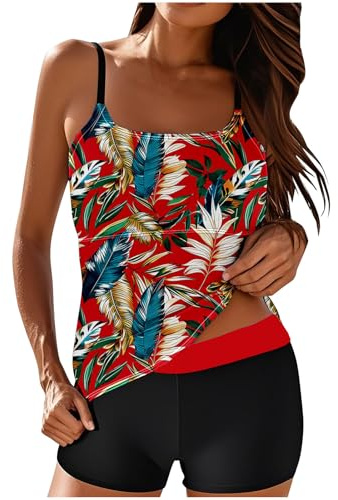 Womens Tankini Sets with Boyshort Two Piece Swimsuit for Women UK Tummy Control High Waist Swimwear Bathing Suits Tankini Top with Swim Brief Swimming Costume Vintage Modest Swimwear
