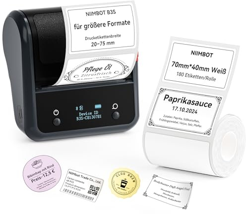 NIIMBOT B3S Etikettendrucker mit großformatigen Etiketten Selbstklebend 70 x 40mm, Tragbarer Etikettiergerät Bluetooth Label Printer für Barcode,Adresse, Büro, Einzelhandel, Schwarz