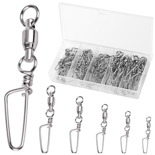 Annyswit 50 Pezzi Girelle da Pesca con Moschettone e Cuscinetti a Sfera, 5 Misure in Acciaio Inossidabile con Anello Saldato, Ideale per Fiumi, Acque Dolci, Galleggianti e Mare