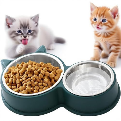 Set Doppia Ciotola per Gatti in Acciaio Inox, Base Antiscivolo, Lavabile in Lavastoviglie – Per Cibo Secco e Umido, Design Carino a Forma di Gatto, Colori Vivaci Assortiti (Verde)