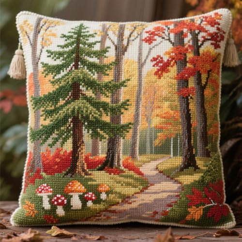 AMBATTERY Kit Punto Croce Per Federa, Alberi e sentieri Cuscino da Ricamare Punto Croce 45x45cm Cuscino Ricamato a Mano Fai da te per Principianti