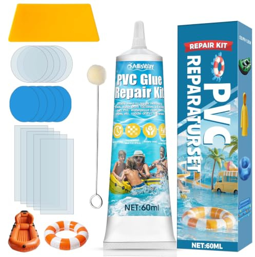 AllisWay Parche Piscina, Kit Reparación Piscina, Pegamento PVC, Impermeable y Transparente, Incluye Herramientas de Reparación, Adecuado para Colchonetas Inflables, Botes Inflables, 60 ml