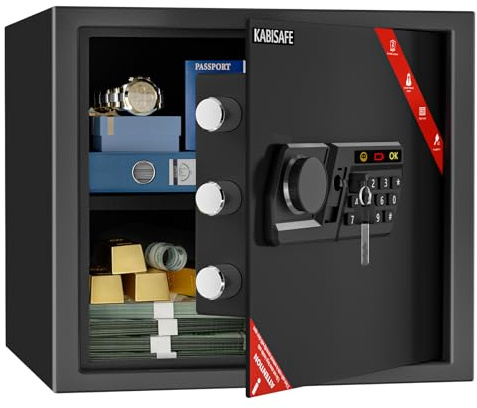 KABISAFE Cassaforte in acciaio da 30 l, con serratura a combinazione e sistema di allarme con codice, illuminazione a LED, ripiano rimovibile, per casa, hotel e ufficio, gioielli, contanti, medicinali