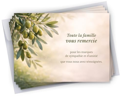 Lot de 25 Cartes de remerciements décès condoléances + 25 Enveloppes autocollantes • Visuel Olivier • Format 10x15 cm