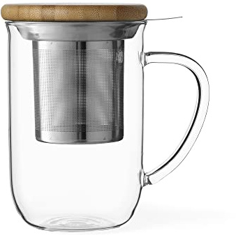 VIVA Minima Balance Glass Infuser Tea Cup - 17 oz / 500 ml Mug with Stainless Steel Infusion Mesh and Bamboo Wood Lid