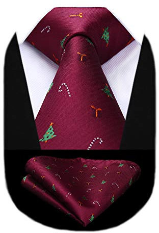 HISDERN Christmas Burgundy Ties for Men Xmas Novelty Tie and Pocket Square Festive Party Funny Necktie Gift Set