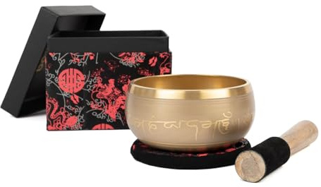 Bodhi Indische Klangschale Ø 14 cm | Klangschalen Set inkl. Kissen, Klöppel & Geschenkbox | Singing Bowl mit Tara Verzierung | Ideales spirituelles Geschenk | Meditationszubehör aus Messing