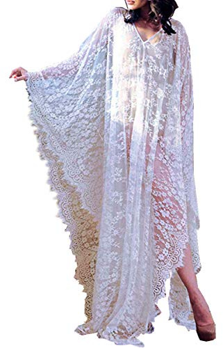 AiJump Femmes Dentelle Floral Caftan Bikini Cover Up Longue Robe Bohème Kimono Maillot de Bain,Blanc 1,Taille Unique